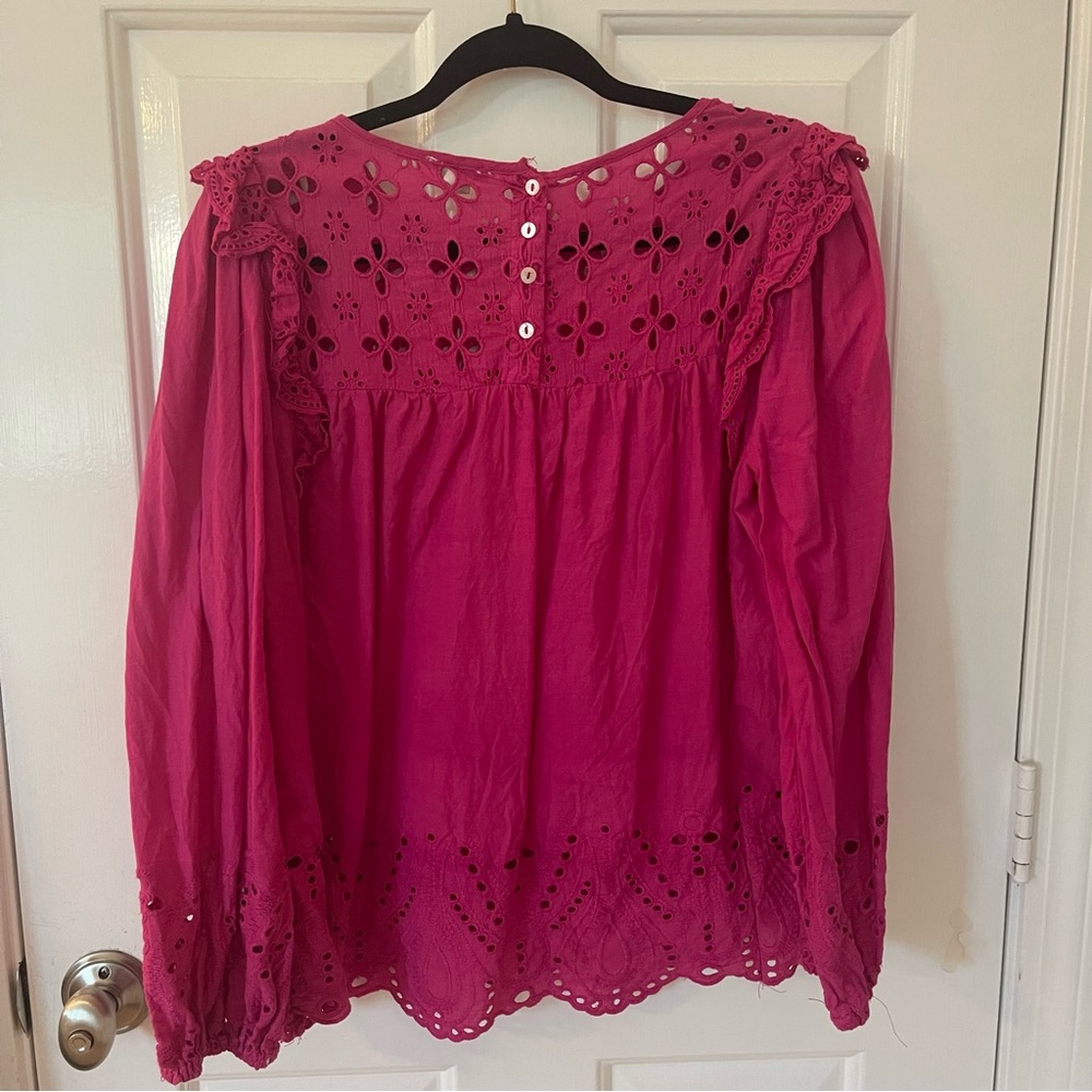 NWOT Jennifer & Grace hot pink eyelet long sleeve blouse - Picture 3 of 16